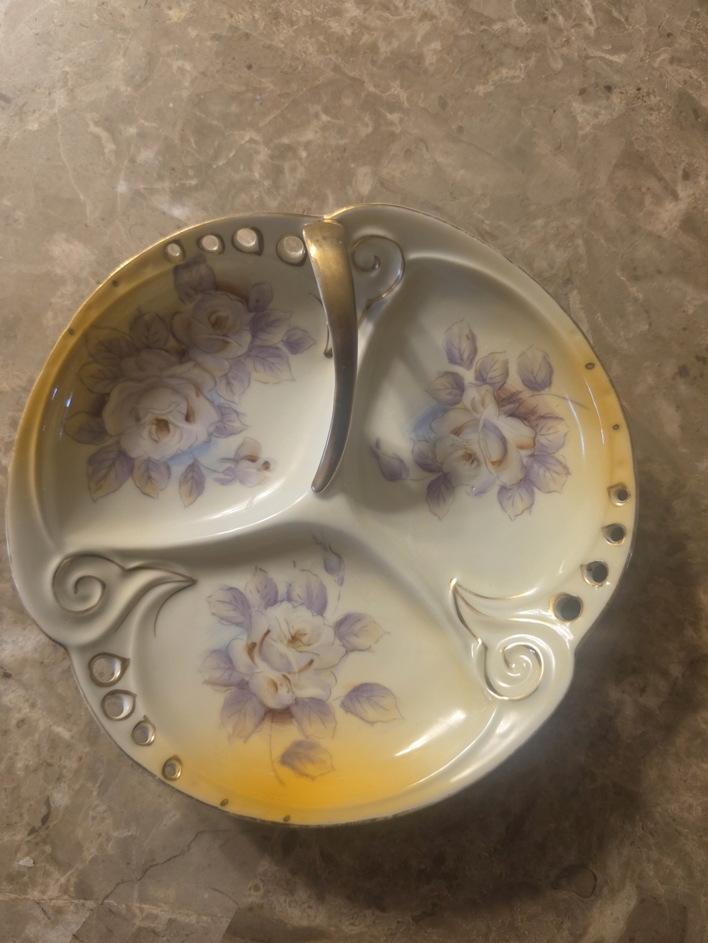Vintage Hand Painted Porcelain Reticulated Tri Sectional Divided Tray